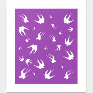 Flying swallows silhouettes pattern on fuchsia background Posters and Art